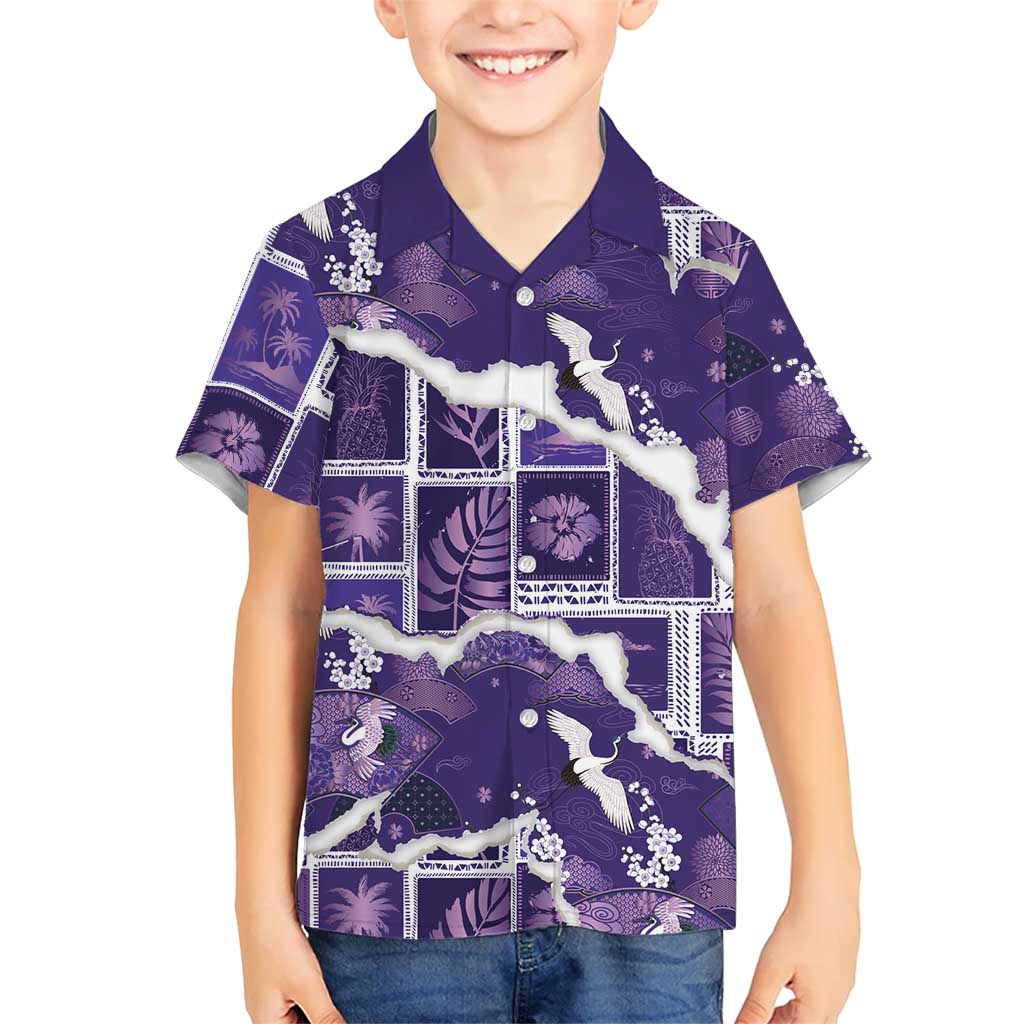 Hawaii Japanese Culture Purple Family Matching Off Shoulder Maxi Dress and Hawaiian Shirt Spring Cranes Aloha Pattern