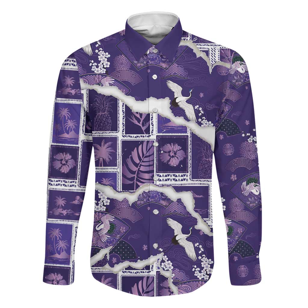 Hawaii Japanese Culture Purple Family Matching Off Shoulder Short Dress and Hawaiian Shirt Spring Cranes Aloha Pattern