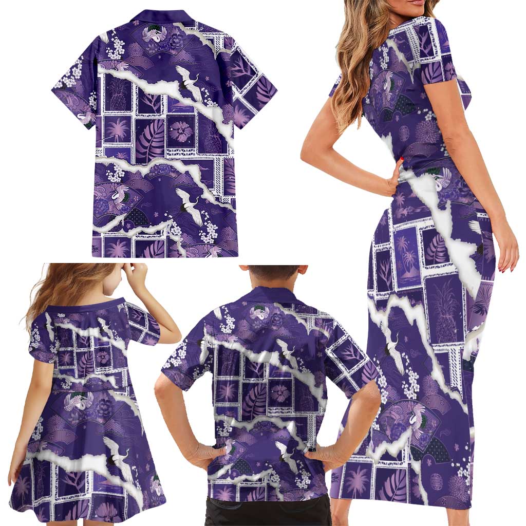 Hawaii Japanese Culture Purple Family Matching Short Sleeve Bodycon Dress and Hawaiian Shirt Spring Cranes Aloha Pattern