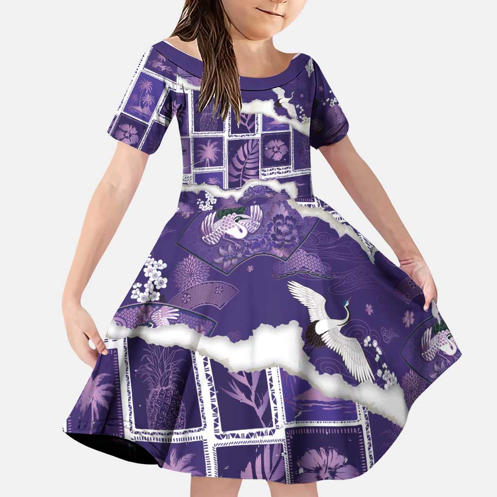 Hawaii Japanese Culture Purple Family Matching Summer Maxi Dress and Hawaiian Shirt Spring Cranes Aloha Pattern