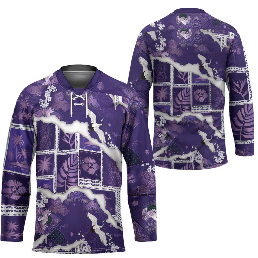 Hawaii Japanese Culture Purple Hockey Jersey Spring Cranes Aloha Pattern