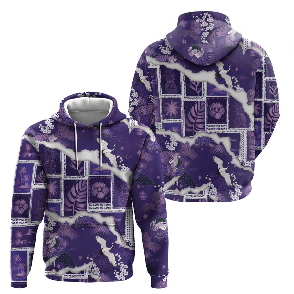 Hawaii Japanese Culture Purple Hoodie Spring Cranes Aloha Pattern