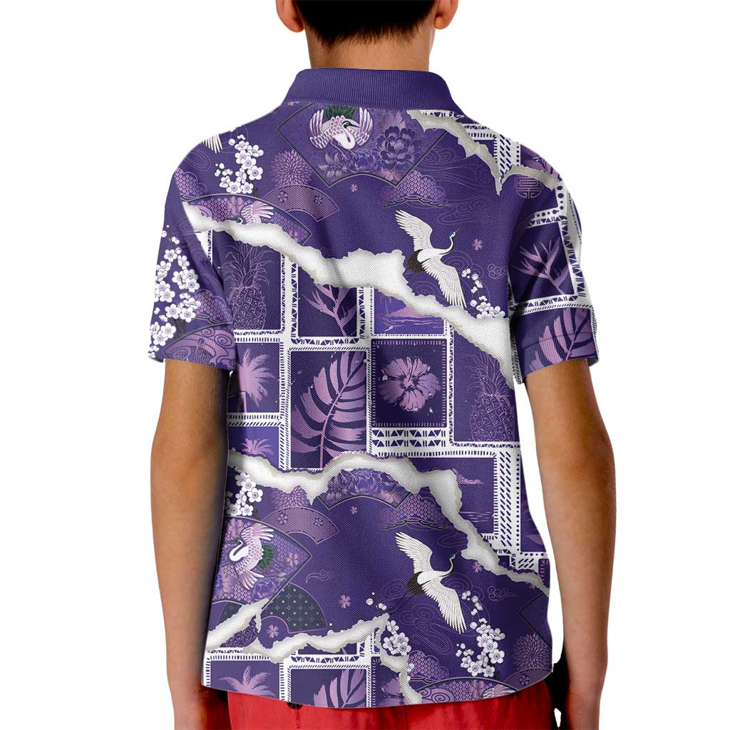 Hawaii Japanese Culture Purple Kid Polo Shirt Spring Cranes Aloha Pattern