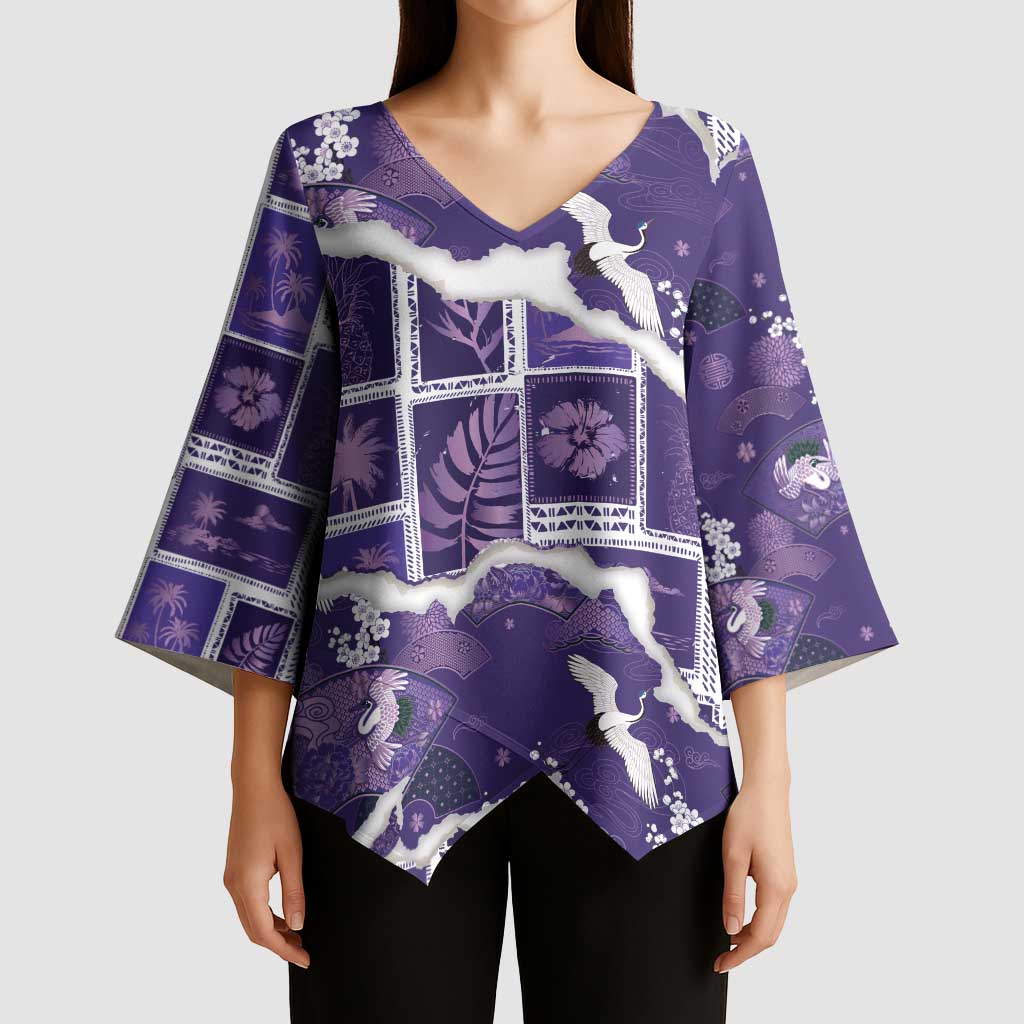 Hawaii Japanese Culture Purple Kimono Sleeve Blouse Spring Cranes Aloha Pattern