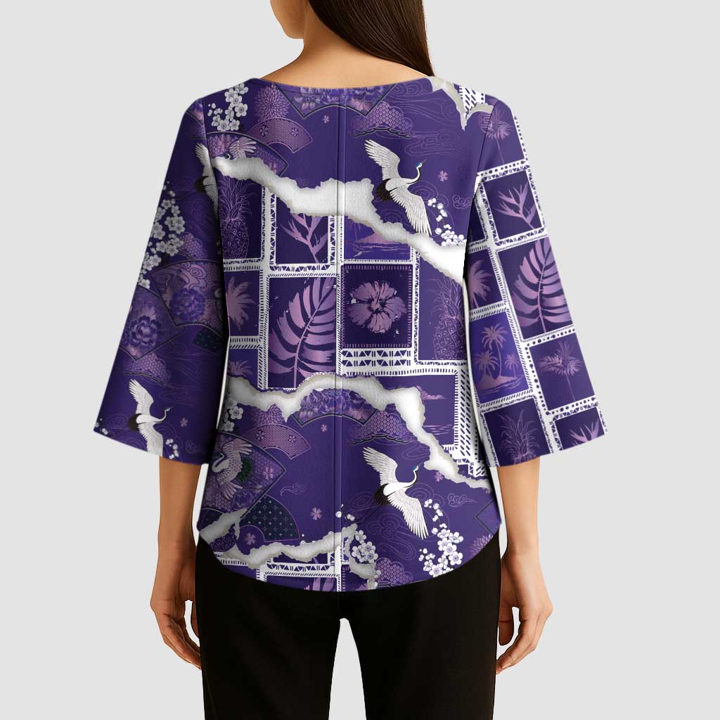 Hawaii Japanese Culture Purple Kimono Sleeve Blouse Spring Cranes Aloha Pattern