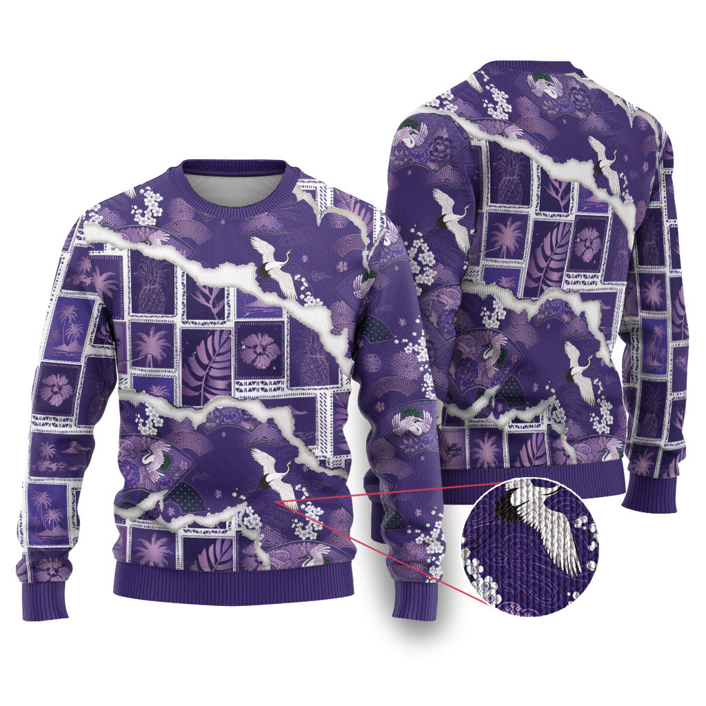 Hawaii Japanese Culture Purple Ugly Christmas Sweater Spring Cranes Aloha Pattern LT01 Purple - Polynesian Pride