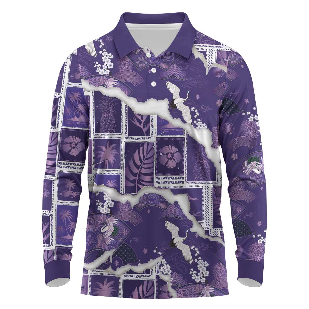 Hawaii Japanese Culture Purple Long Sleeve Polo Shirt Spring Cranes Aloha Pattern