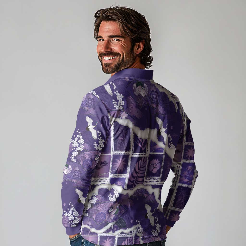 Hawaii Japanese Culture Purple Long Sleeve Polo Shirt Spring Cranes Aloha Pattern