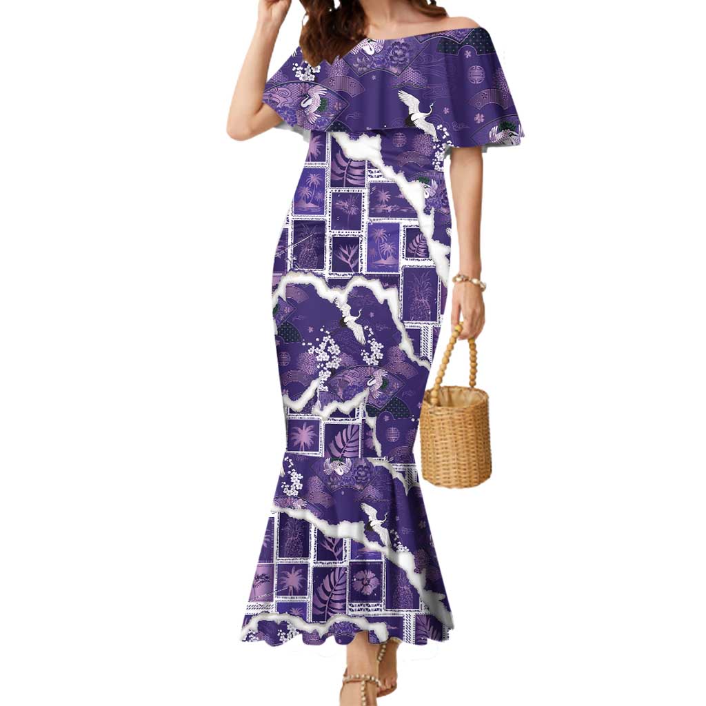 Hawaii Japanese Culture Purple Mermaid Dress Spring Cranes Aloha Pattern