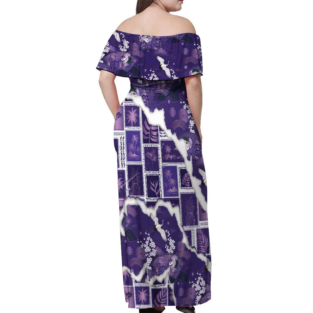 Hawaii Japanese Culture Purple Off Shoulder Maxi Dress Spring Cranes Aloha Pattern LT01 - Polynesian Pride