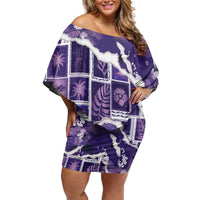 Hawaii Japanese Culture Purple Off Shoulder Short Dress Spring Cranes Aloha Pattern LT01 Women Purple - Polynesian Pride