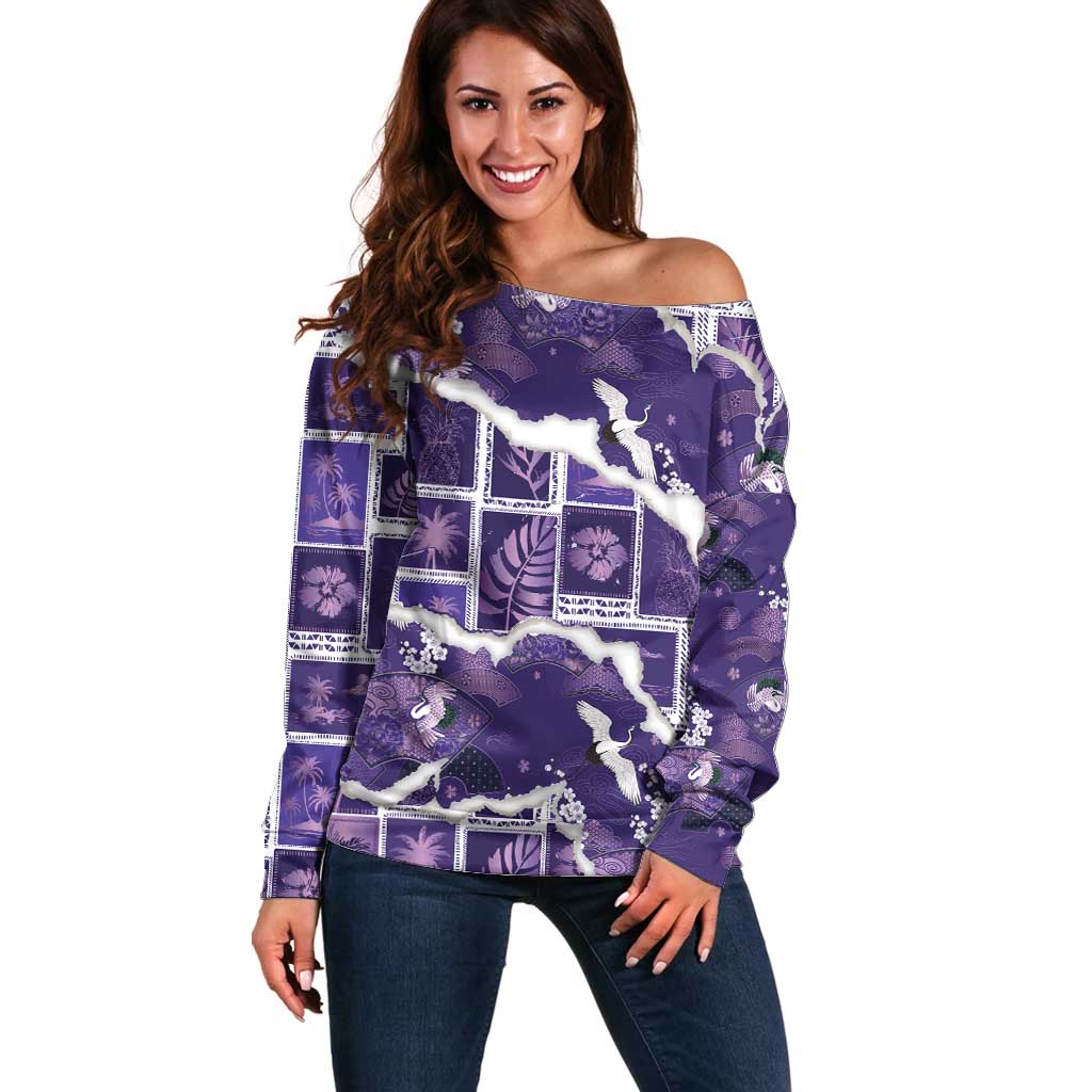 Hawaii Japanese Culture Purple Off Shoulder Sweater Spring Cranes Aloha Pattern