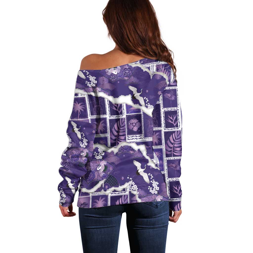 Hawaii Japanese Culture Purple Off Shoulder Sweater Spring Cranes Aloha Pattern