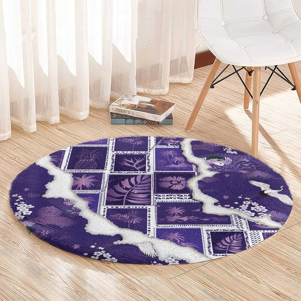 Hawaii Japanese Culture Purple Round Carpet Spring Cranes Aloha Pattern