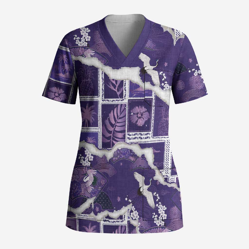 Hawaii Japanese Culture Purple Scrub Top Spring Cranes Aloha Pattern