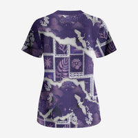 Hawaii Japanese Culture Purple Scrub Top Spring Cranes Aloha Pattern