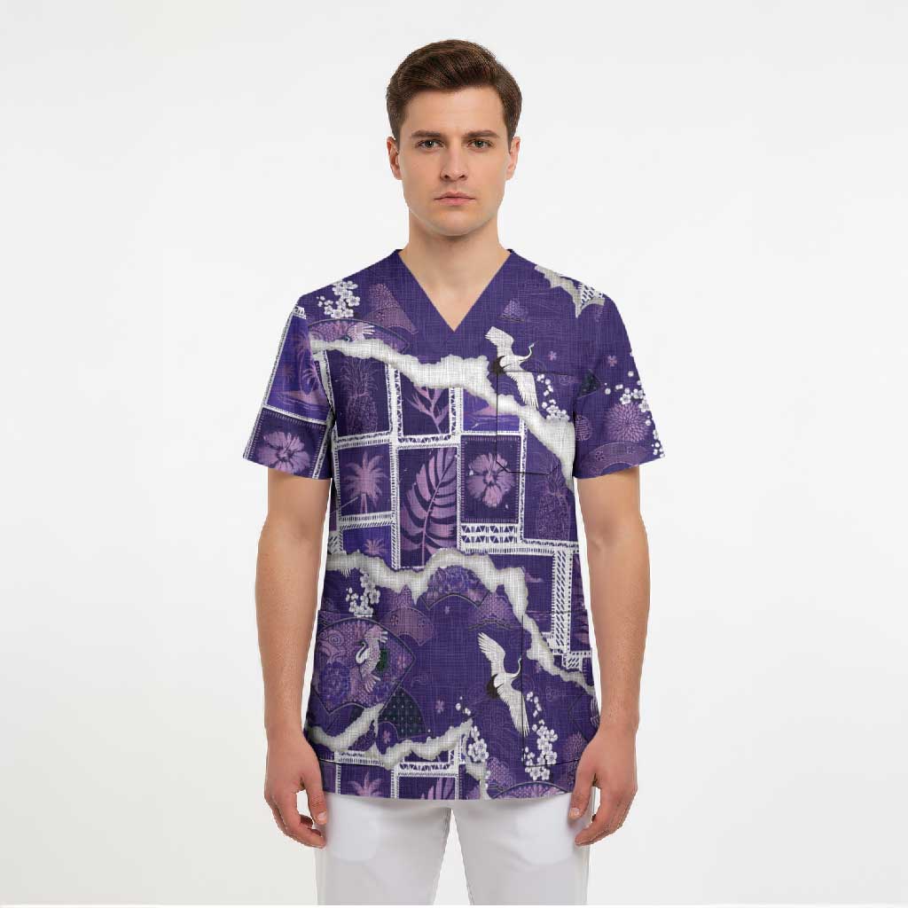 Hawaii Japanese Culture Purple Scrub Top Spring Cranes Aloha Pattern