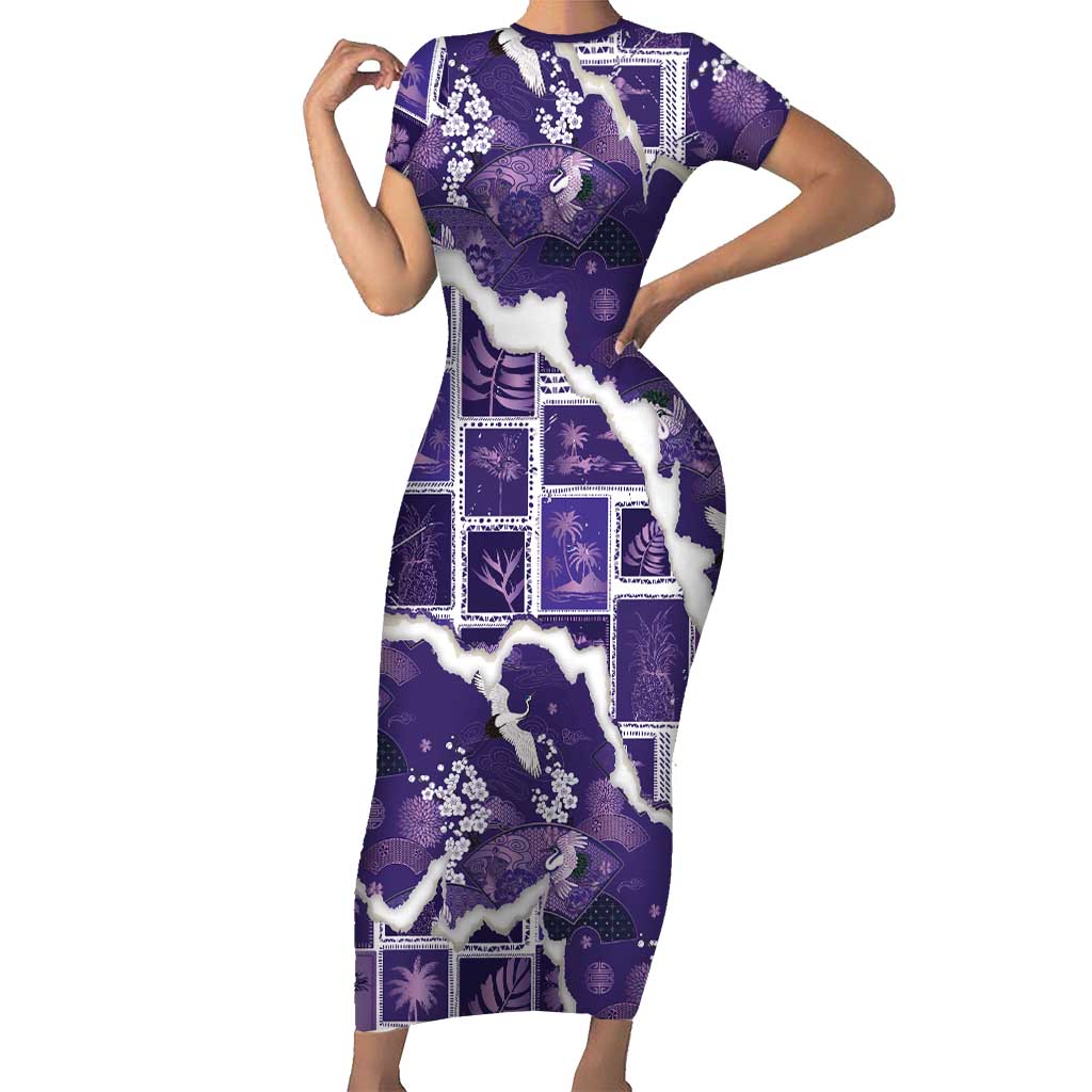 Hawaii Japanese Culture Purple Short Sleeve Bodycon Dress Spring Cranes Aloha Pattern