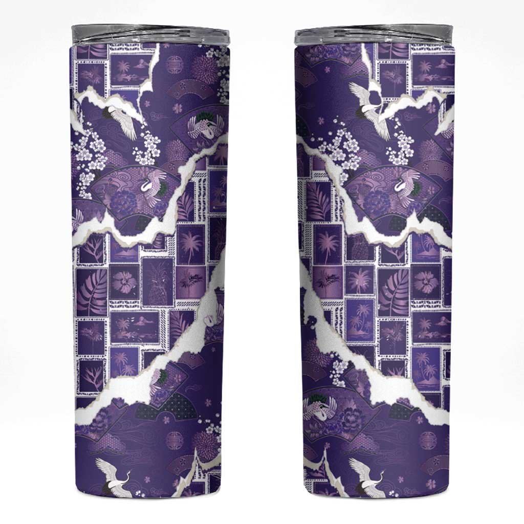 Hawaii Japanese Culture Purple Skinny Tumbler Spring Cranes Aloha Pattern