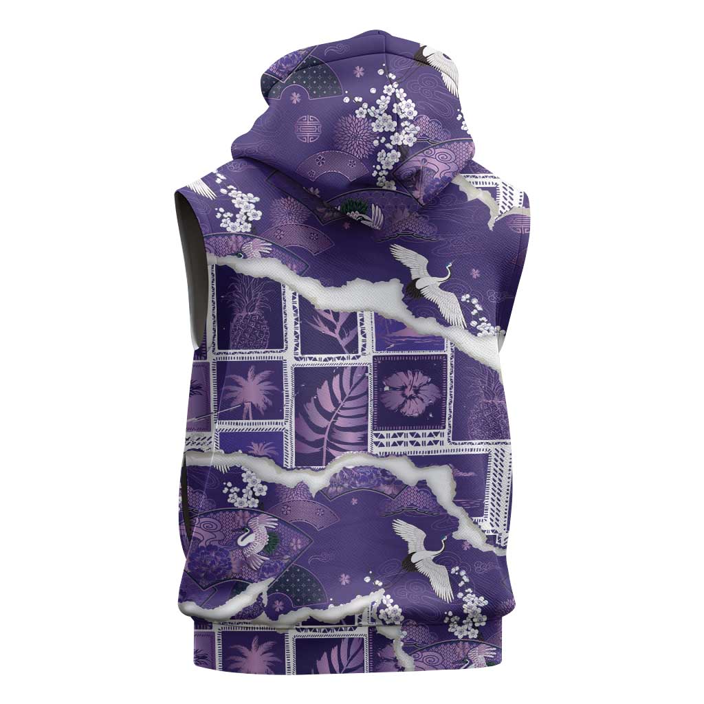 Hawaii Japanese Culture Purple Sleeveless Hoodie Spring Cranes Aloha Pattern