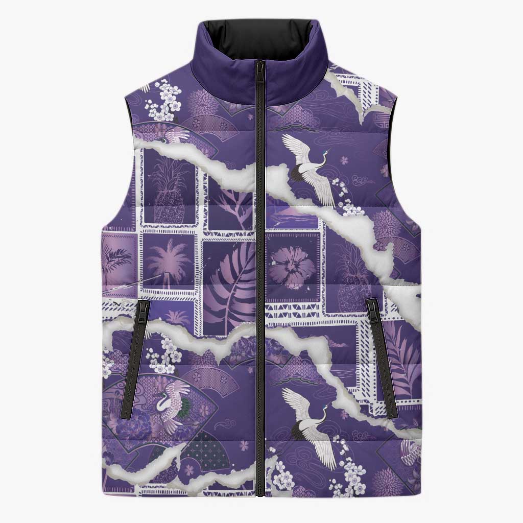 Hawaii Japanese Culture Purple Sleeveless Puffer Jacket Spring Cranes Aloha Pattern
