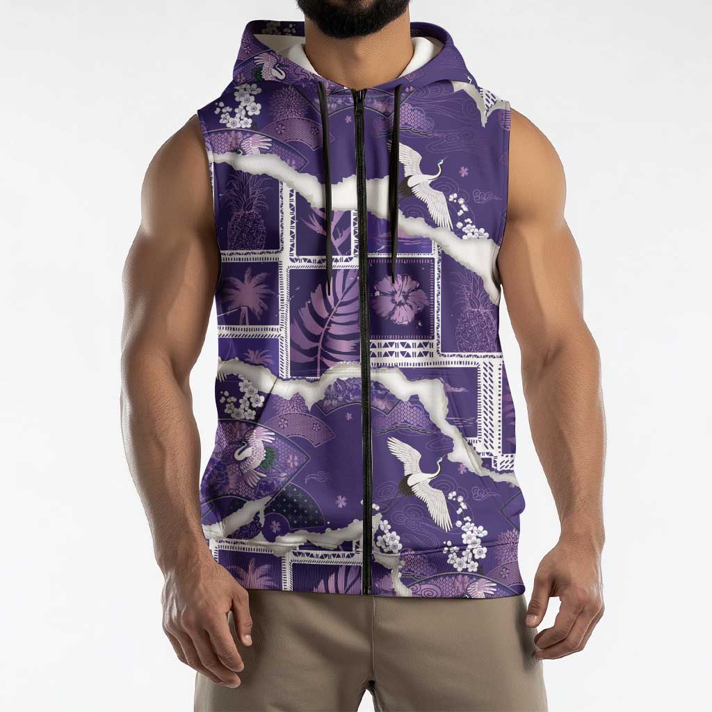 Hawaii Japanese Culture Purple Sleeveless Zip Hoodie Spring Cranes Aloha Pattern