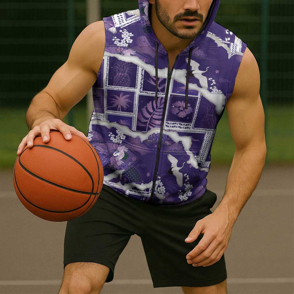 Hawaii Japanese Culture Purple Sleeveless Zip Hoodie Spring Cranes Aloha Pattern
