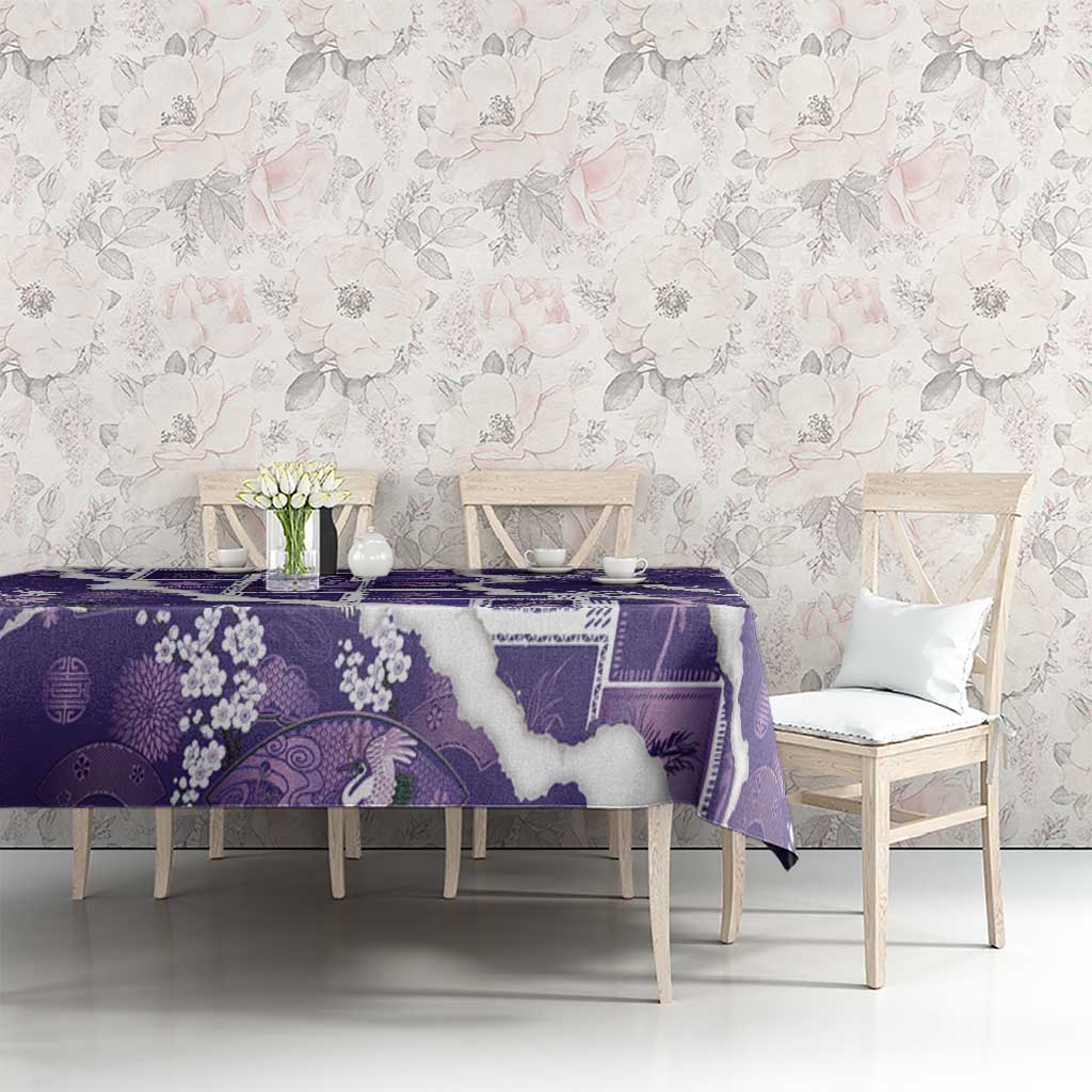 Hawaii Japanese Culture Purple Tablecloth Spring Cranes Aloha Pattern
