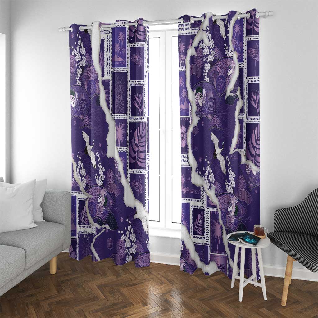 Hawaii Japanese Culture Purple Window Curtain Spring Cranes Aloha Pattern