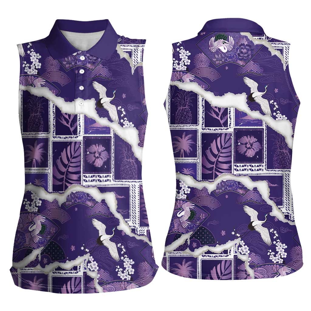 Hawaii Japanese Culture Purple Women Sleeveless Polo Shirt Spring Cranes Aloha Pattern