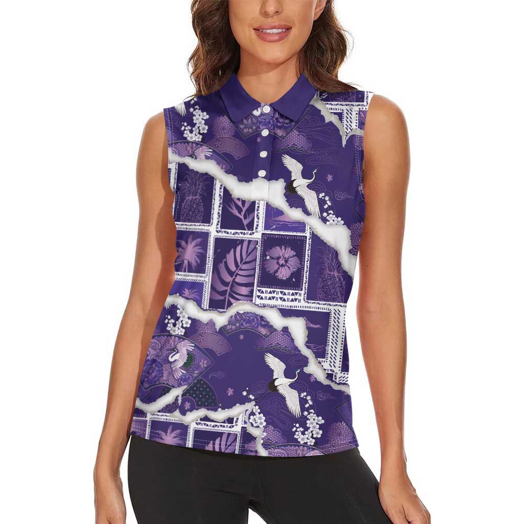 Hawaii Japanese Culture Purple Women Sleeveless Polo Shirt Spring Cranes Aloha Pattern