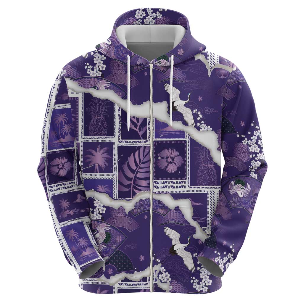 Hawaii Japanese Culture Purple Zip Hoodie Spring Cranes Aloha Pattern