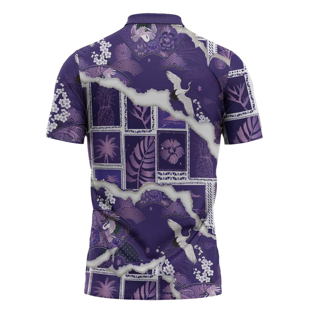 Hawaii Japanese Culture Purple Zipper Polo Shirt Spring Cranes Aloha Pattern LT01 - Polynesian Pride