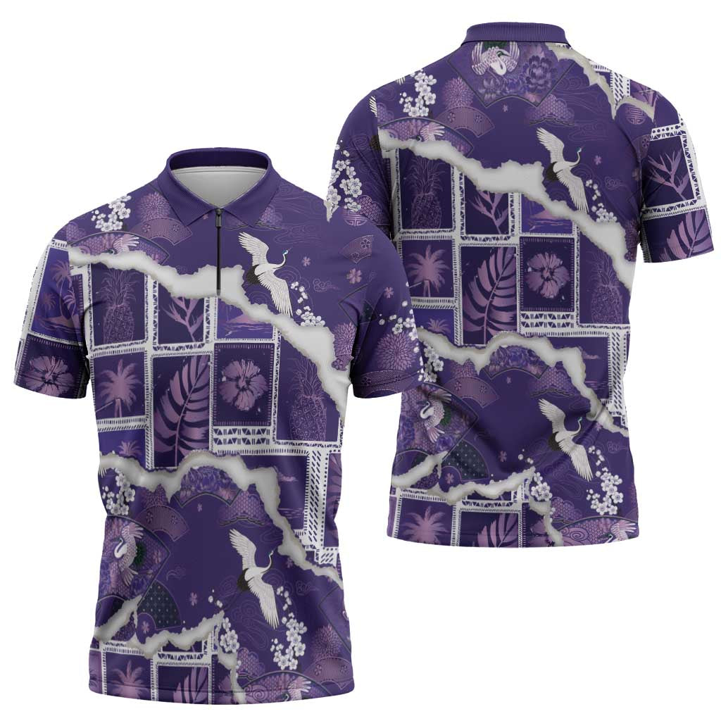 Hawaii Japanese Culture Purple Zipper Polo Shirt Spring Cranes Aloha Pattern LT01 - Polynesian Pride