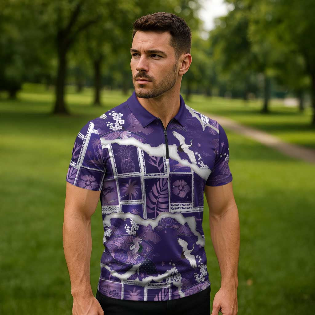 Hawaii Japanese Culture Purple Zipper Polo Shirt Spring Cranes Aloha Pattern LT01 - Polynesian Pride