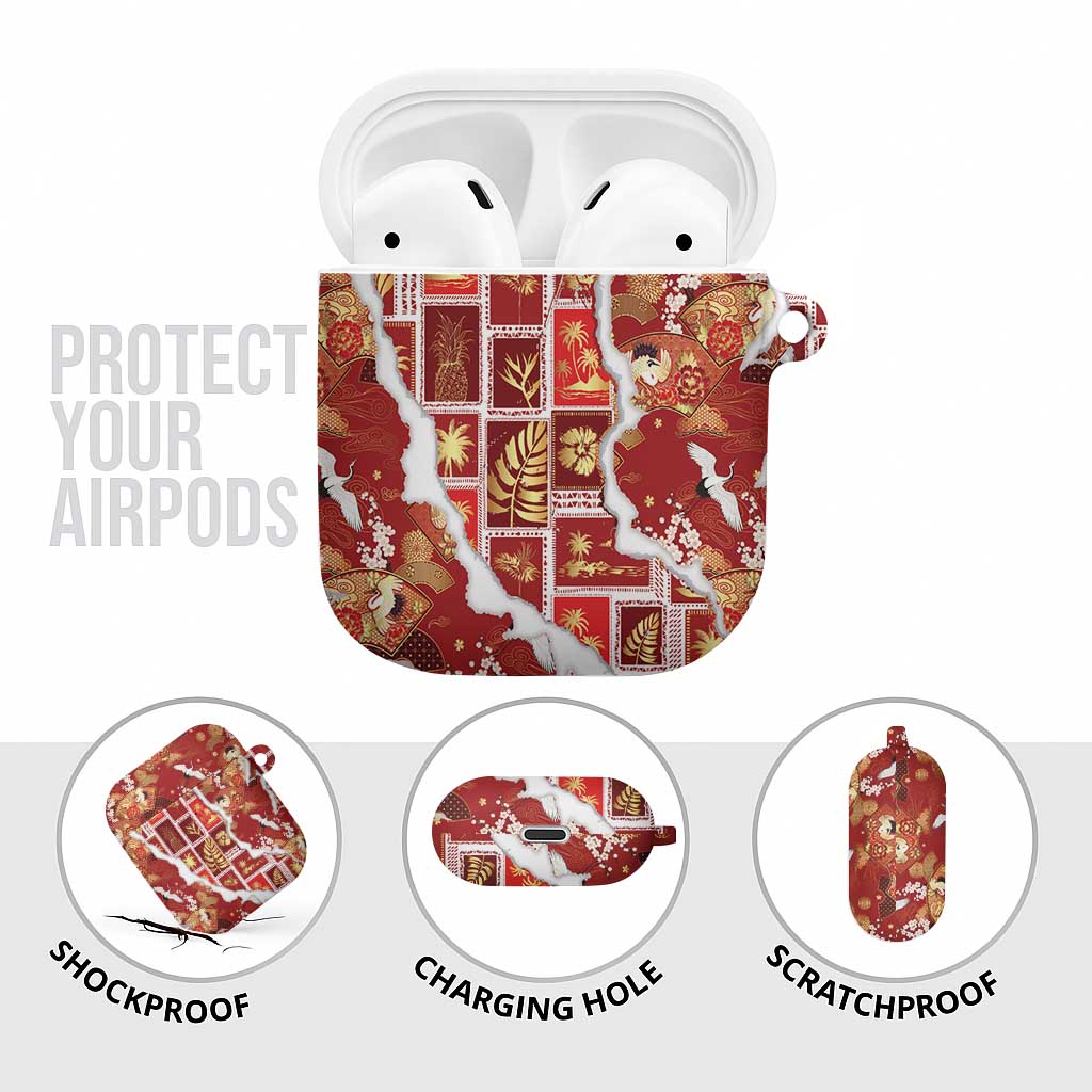Hawaii Japanese Culture Red AirPods Case Spring Cranes Aloha Pattern