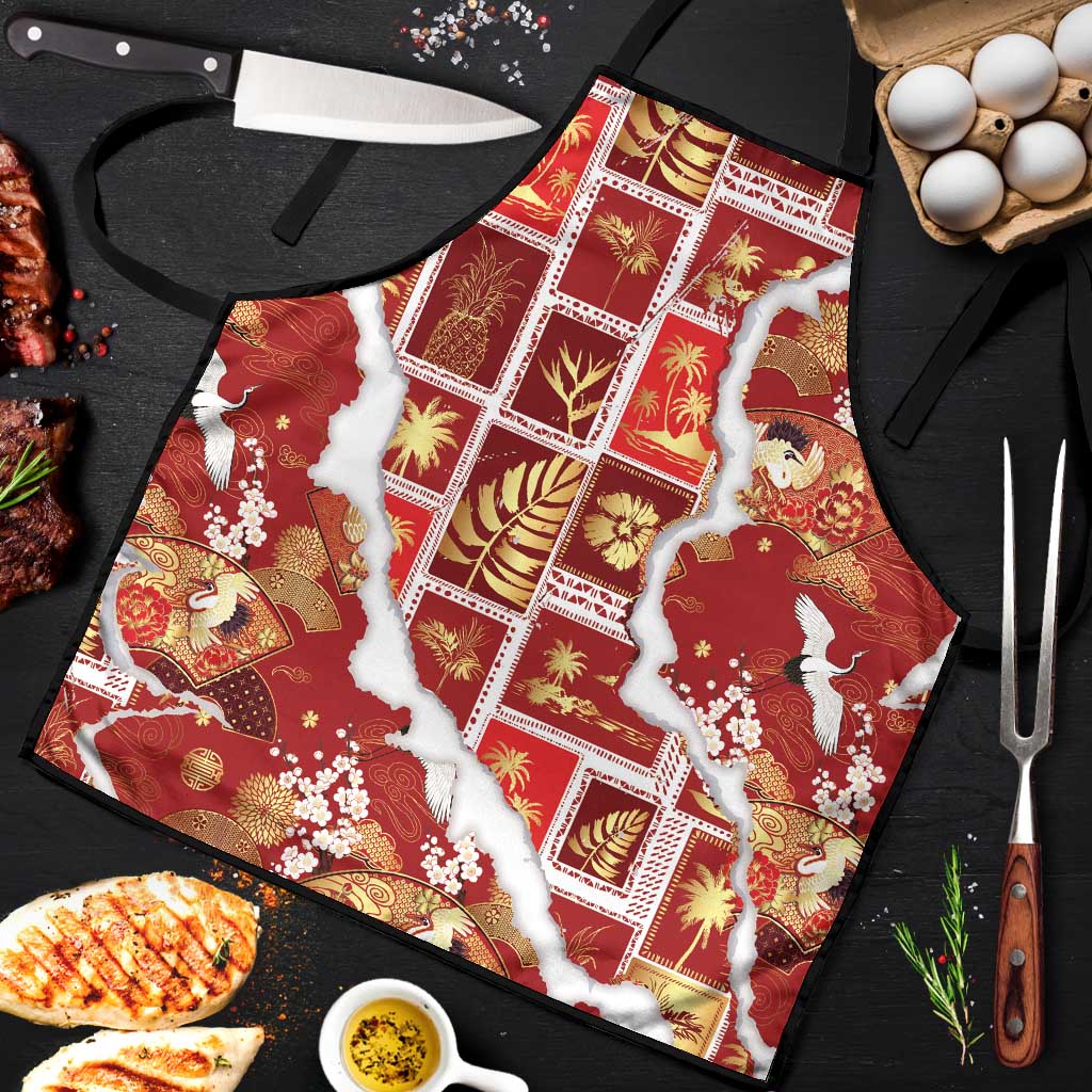 Hawaii Japanese Culture Red Apron Spring Cranes Aloha Pattern