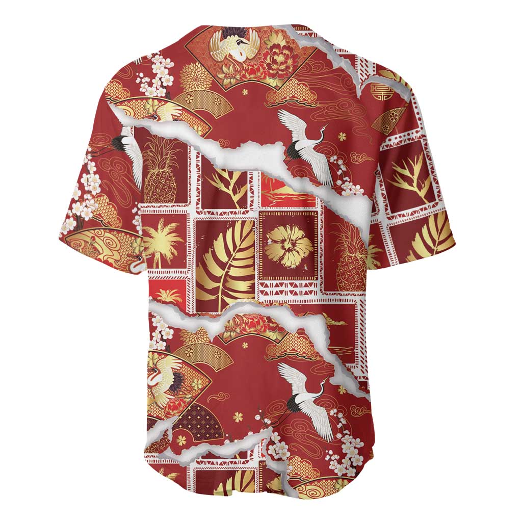 Hawaii Japanese Culture Red Baseball Jersey Spring Cranes Aloha Pattern