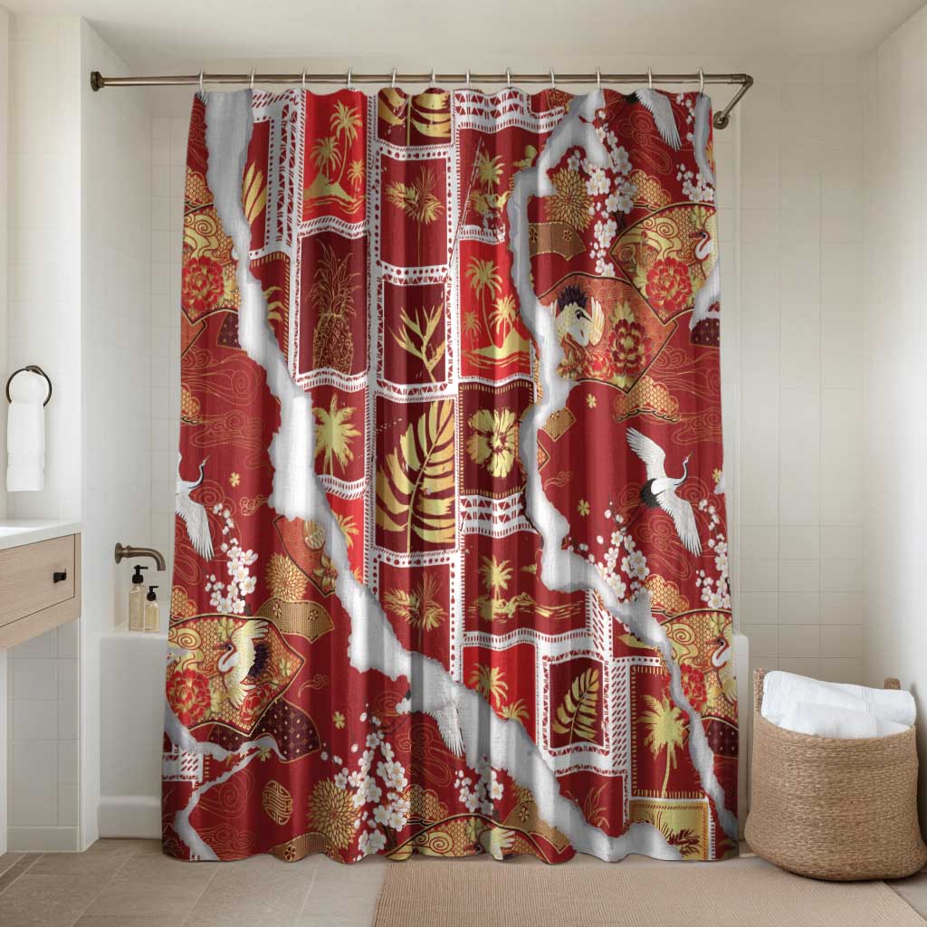 Hawaii Japanese Culture Red Bathroom Set Spring Cranes Aloha Pattern
