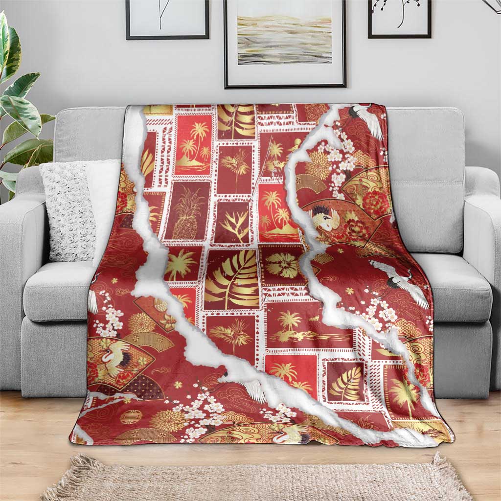 Hawaii Japanese Culture Red Blanket Spring Cranes Aloha Pattern