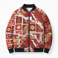 Hawaii Japanese Culture Red Bomber Puffer Jacket Spring Cranes Aloha Pattern