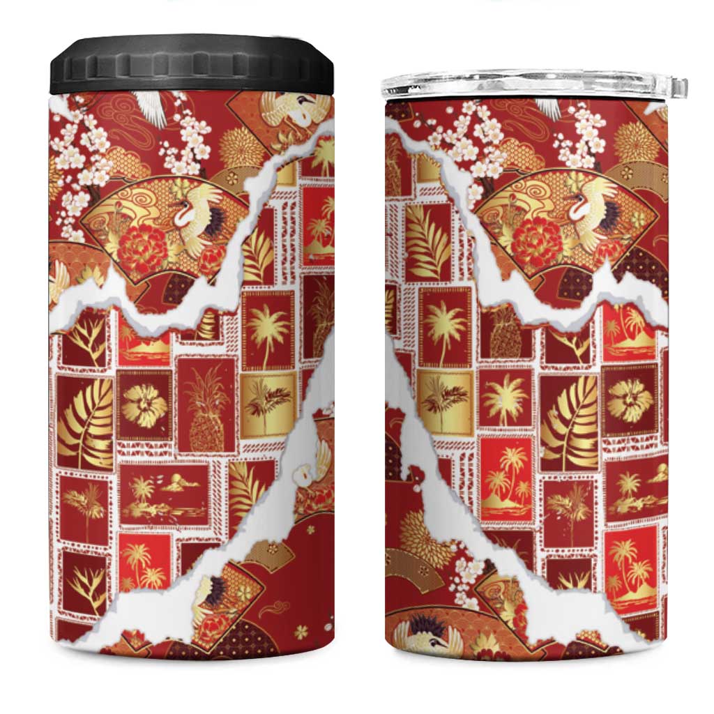 Hawaii Japanese Culture Red 4 in 1 Can Cooler Tumbler Spring Cranes Aloha Pattern