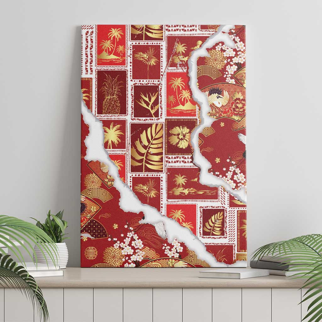 Hawaii Japanese Culture Red Canvas Wall Art Spring Cranes Aloha Pattern