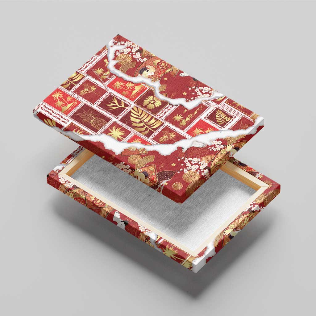 Hawaii Japanese Culture Red Canvas Wall Art Spring Cranes Aloha Pattern