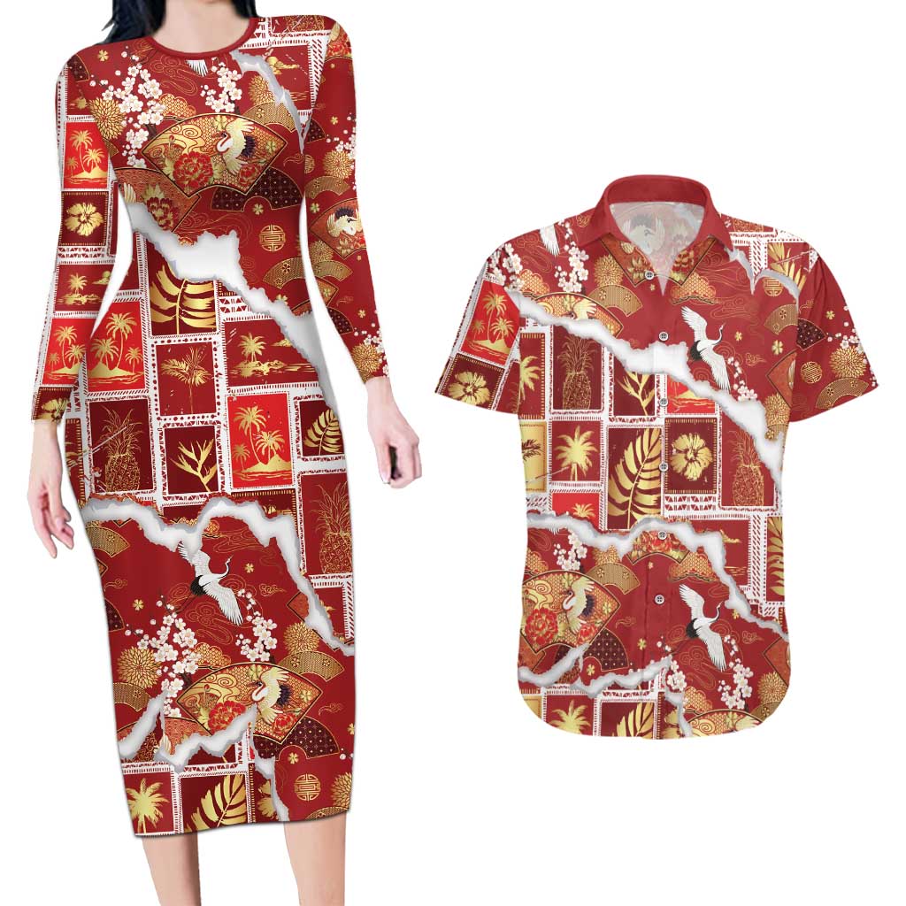 Hawaii Japanese Culture Red Couples Matching Long Sleeve Bodycon Dress and Hawaiian Shirt Spring Cranes Aloha Pattern