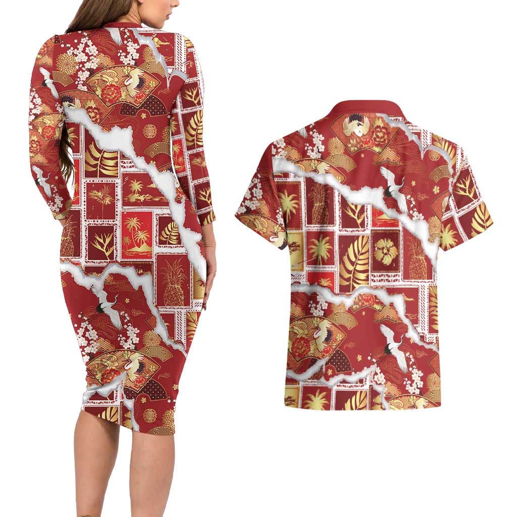 Hawaii Japanese Culture Red Couples Matching Long Sleeve Bodycon Dress and Hawaiian Shirt Spring Cranes Aloha Pattern