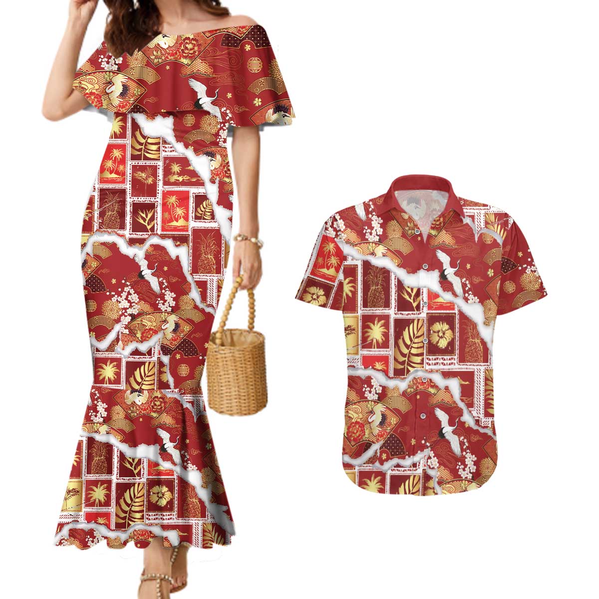 Hawaii Japanese Culture Red Couples Matching Mermaid Dress and Hawaiian Shirt Spring Cranes Aloha Pattern