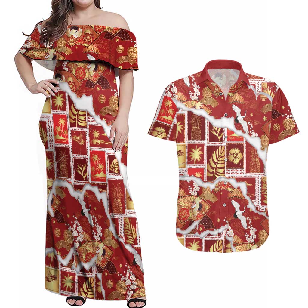 Hawaii Japanese Culture Red Couples Matching Off Shoulder Maxi Dress and Hawaiian Shirt Spring Cranes Aloha Pattern LT01 Red - Polynesian Pride