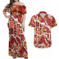 Hawaii Japanese Culture Red Couples Matching Off Shoulder Maxi Dress and Hawaiian Shirt Spring Cranes Aloha Pattern LT01 Red - Polynesian Pride