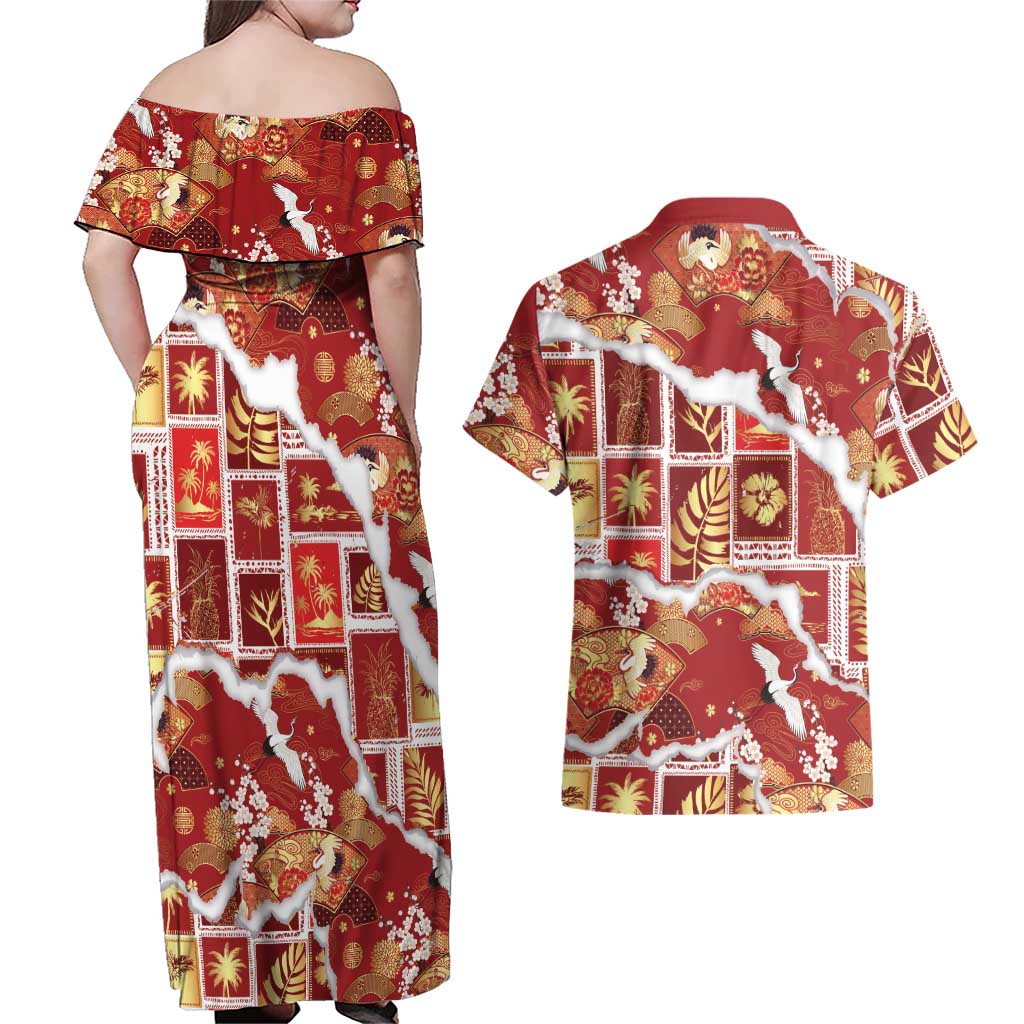 Hawaii Japanese Culture Red Couples Matching Off Shoulder Maxi Dress and Hawaiian Shirt Spring Cranes Aloha Pattern LT01 - Polynesian Pride